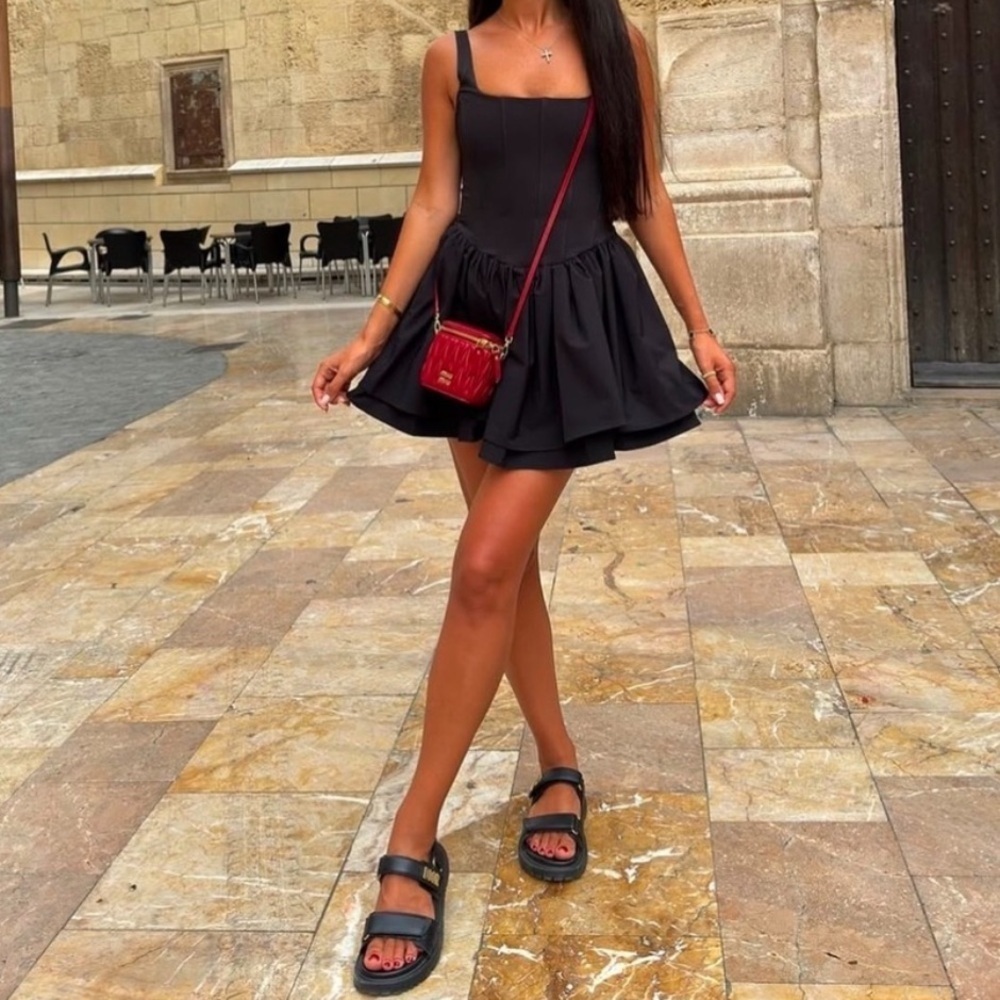 Zara Ruched Corset Dress Black Square Neck V-Waist Size L - Picture 7 of 15
